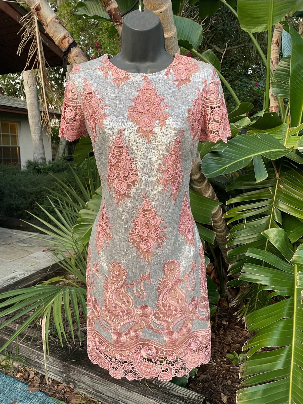 pink lace and silver metallic sequin dress